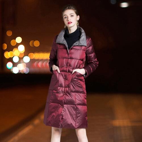 FTLZZ Women Double Sided Down Long Jacket Winter Stand Collar 90% White Duck Down Coat Single Breasted Thick Warm Snow Outwear