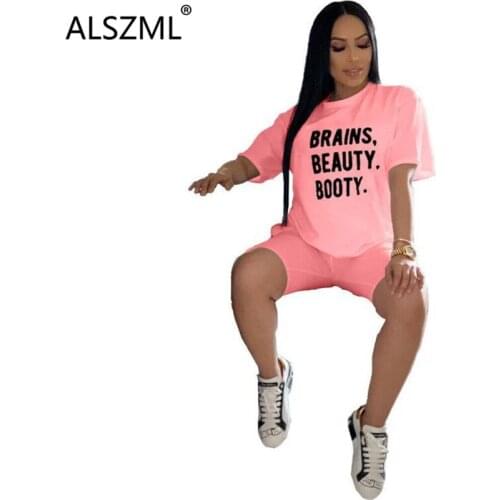 Summer women fashion suit solid loose lettering print top and tight pants 2 pieces leisure sport women fashion style suit