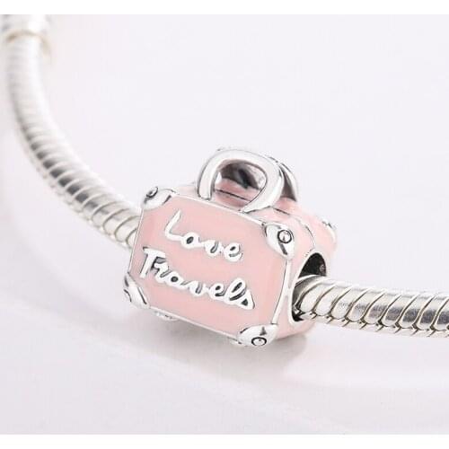 925 Sterling Silver English Letters Engraved On A Pink Travel Bag Pendant Charm Bracelet DIY Jewelry Making For Pandora