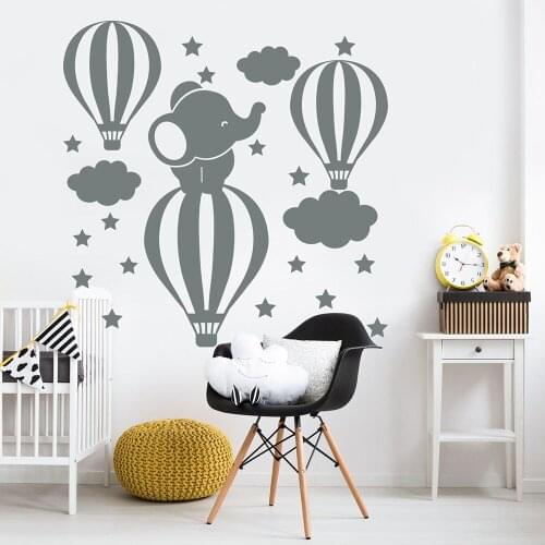 Elephant Wall Decal Air Balloon Cloud Stars Cartoon Art Vinyl Window Stickers Baby Room Kids Nursery Bedroom Interior Decor E052