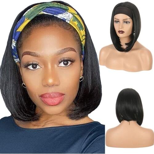 2021 Headband Wig Synthetic Hair Short Bob Natural Black Color Head Band Half Hair Wigs for Women
