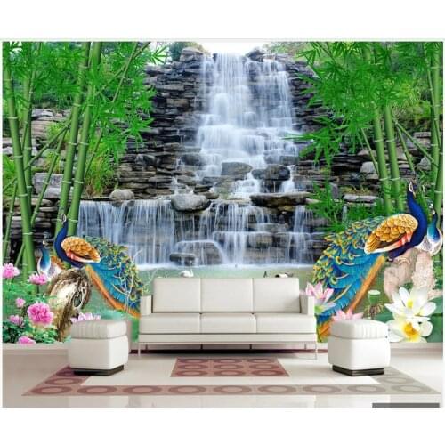 Custom photo wallpaper 3d mural wallpaper for walls 3 d Pastoral landscape waterfall bamboo lotus peacock landscape painting