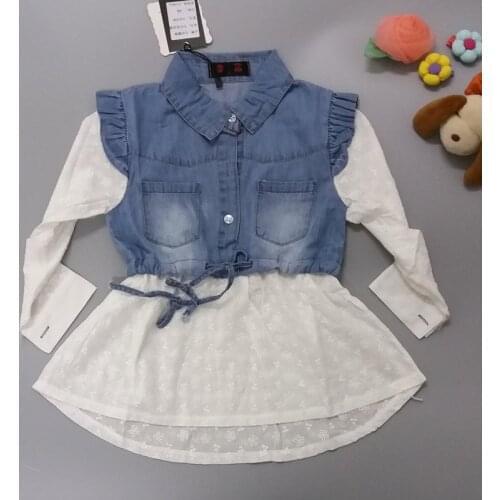 Girls casual dress,white princess belt Crochet denim dress Long-sleeve Spring shirt dresses lovely baby girls clothes 3-8 Years
