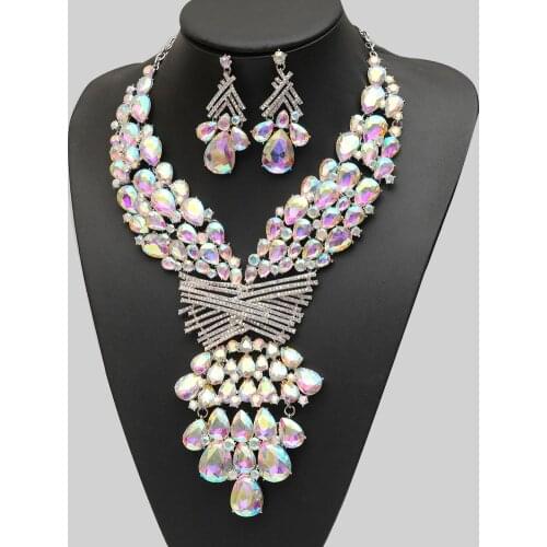 Luxury Big Teardrop Crystal Statement Bib Necklace Drop Earrings Indian Fashion Costume Jewelry Sets for Bridal Wedding Bride