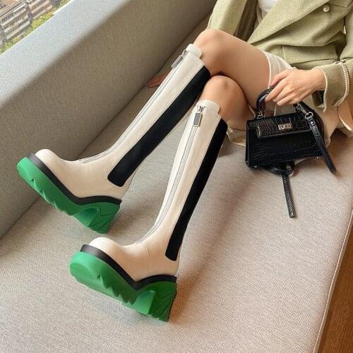 QZYERAI New Knee High Boots Women Shoes Natural Genuine Leather Platform Riding Boots Zipper Ladies Long Boots Autumn Black 40