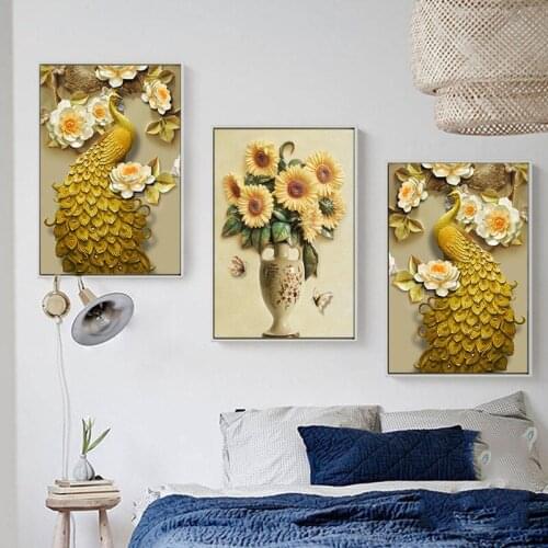 HAOCHU Vintage Relief Pattern Sunflower Vase Pretty Peacock Wall Picture Canvas Painting Nordic Home Living Room Decor No Frame