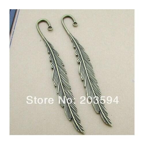 Wholesale 10Pcs /Lots Antique Bronze Feather Bookmark Metal Bookmark with loop 122mm
