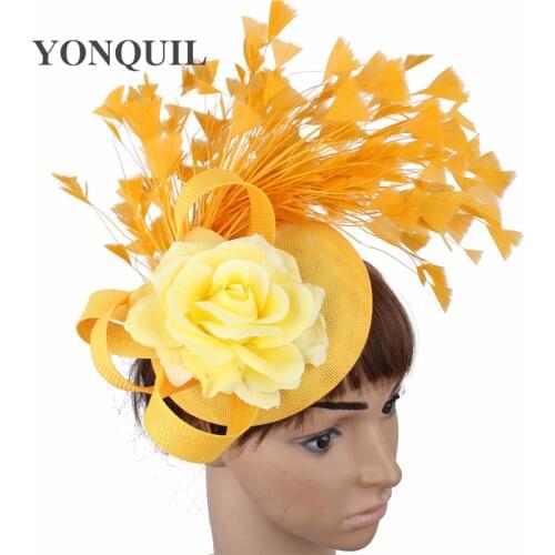 Yellow Fashion Hat Fedora Formal Dress Church Fascinators Hat Headband Party Tea Millinery Caps Mesh Hair Accessories