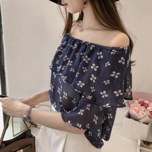 Womens chiffon floral blouse slash neck summer autumn Korean style loose thin one-line neck strapless off shoulder ruffled shirt
