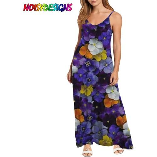 NOISYDESIGNS Womens Dresses Elegant V-Neck Sundress Spaghetti Strap High Street Dress Summer Purple Pansy Flowers Prints Dress