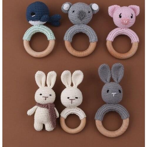 Newborn Rabbit Dolls 1pc Wooden Teether Crochet Rattle Toy BPA Free Wood Rodent Mobile Play Gym Baby Educational Toy