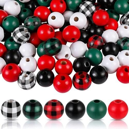 200Pcs Wood Spacer Beads Plaid Wooden Beads Buffalo Plaid Print Wooden Beads For Christmas Home Decor DIY Garland