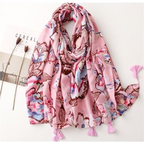 2021 Spain Summer Tassel Scarf For Women Fashion Floral Print Viscose Scarves Lady Pashmina Bandana Female Muslim Hijab 180*90Cm
