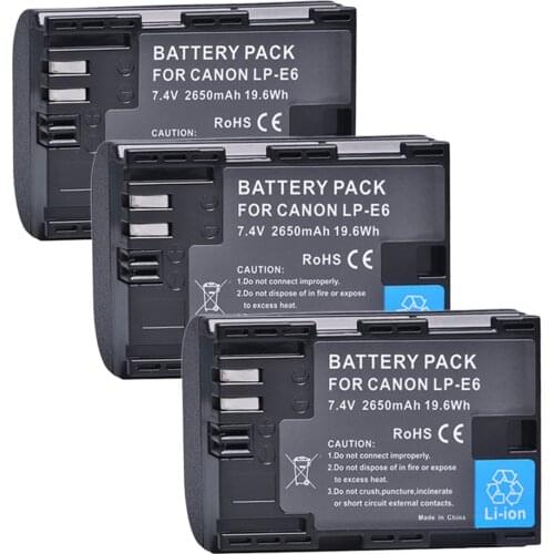 3 Pack LP E6 LPE6 LP-E6 E6N Battery 2650mAh for Canon EOS 5DS R 5D Mark II 5D Mark III 6D 7D 80D EOS 5DS R Camera