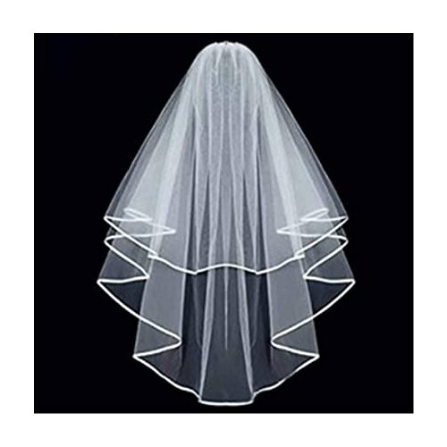 White Double Ribbon Edge Center Cascade Bridal Wedding Veil with Comb 2021