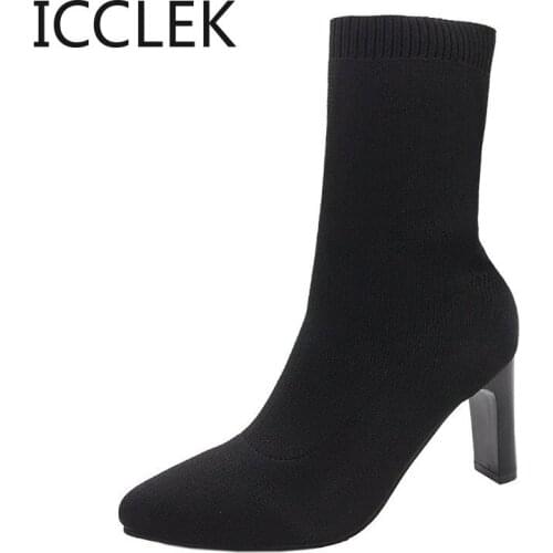 Socks Boots Women Stretch Fabric Elastic Stilettos Heel Pointed Toe Ankle Boots Shoes Woman Boats Big Size 43