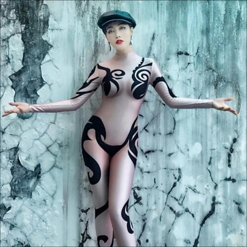 European And American Bar Ds Perspective Rompers Women Sexy Nude Color Print Jumpsuit Nightclub Gogo Female Singer Dance Costume