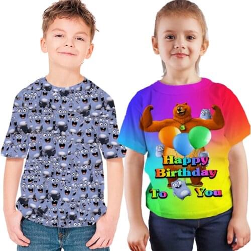 Kawaii Kids Clothes Funny T-shirt for Girls Sunlight Grizzly Bear Animal Print T Shirt Boys Lemmings Tshirt Camisetas Streetwear