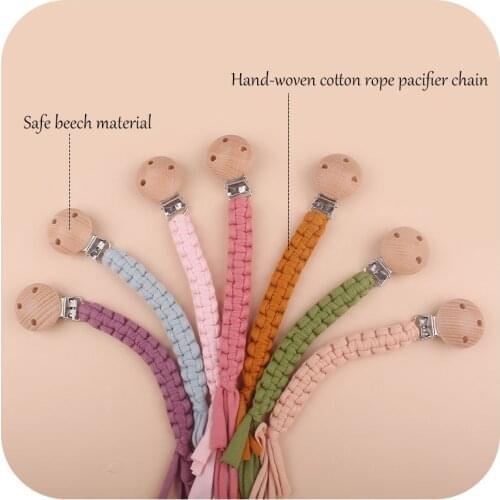 Handmade Cotton Pacifier Clip Chain Beech Wood Clip Natural Baby Teething Toy Soothie Chain