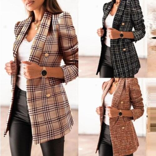 Autumn and winter long-sleeved double-breasted suit collar printed plaid jacket womens clothing