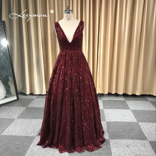 Leeymon2020 Free Shipping V-Neck Prom Dresses Sequins Lace Evening Party Dress A-Line Vestido De Festa Cheap Long Prom Dress