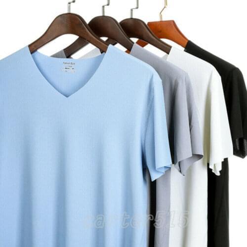 Men Summer Seamless Ice Imitated Silk Quick-dry Thin V-neck T-Shirts Top L-4XL