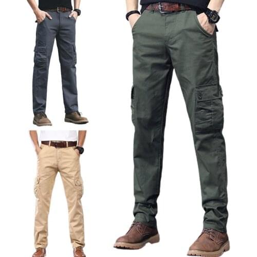 50% Hot Sales Men Trousers Solid Color Multi Pockets Mid Rise Long Straight Cargo Pants for Fitness