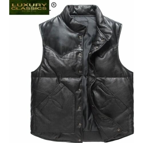 Mens Vest Casual Winter 100% Genuine Leather Down Jacket Men Spring Autumn Sleeveless Coat Vests Real Cow Leather Jackets