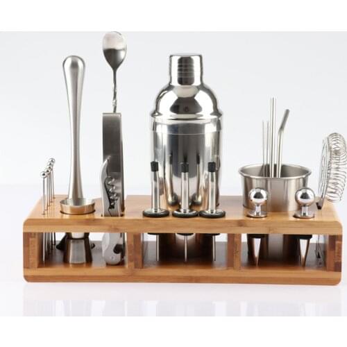 New 2020 23pcs Stainless Steel Cocktail Shaker Set Barware Kit with Square Wooden Rack for Bartender Drink Party Bar Tools
