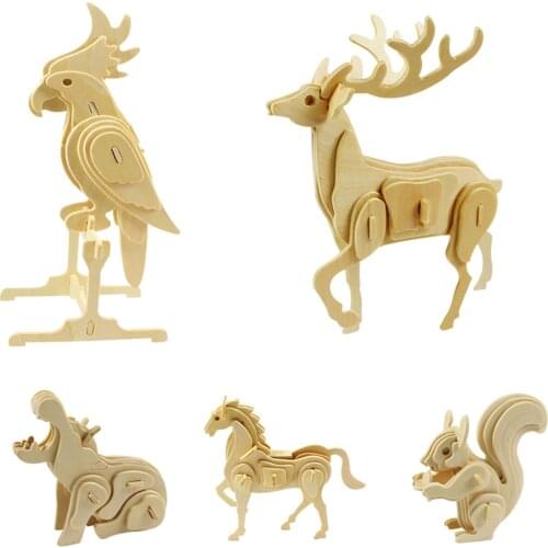 Montessori educational toys 3d puzzle wooden animal model for children Horse Hippo squirrel parrot kids gift Diy assembly