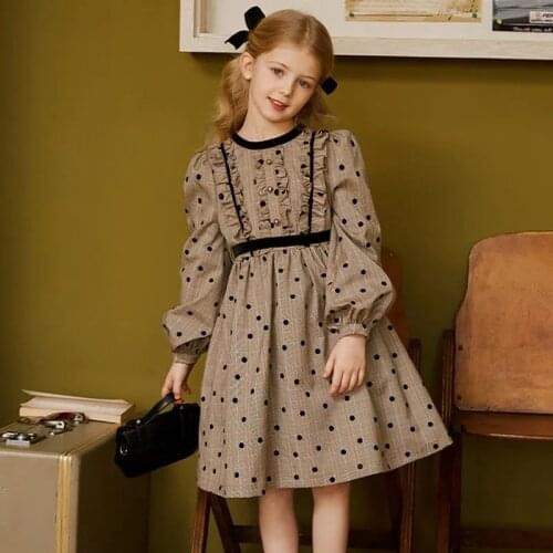 Fashion Girls Dress Kids Baby Clothes for Children Casual Dresses Teenage Girls Autumn Vintage Dots Long Sleeve Princess Dresses