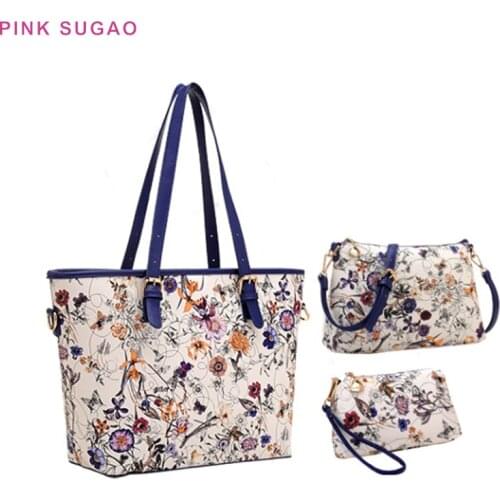 Pink Sugao 3PCS bags set luxury handbags women bags designer fashion shoulder bag leather crossbody bag for women print flower