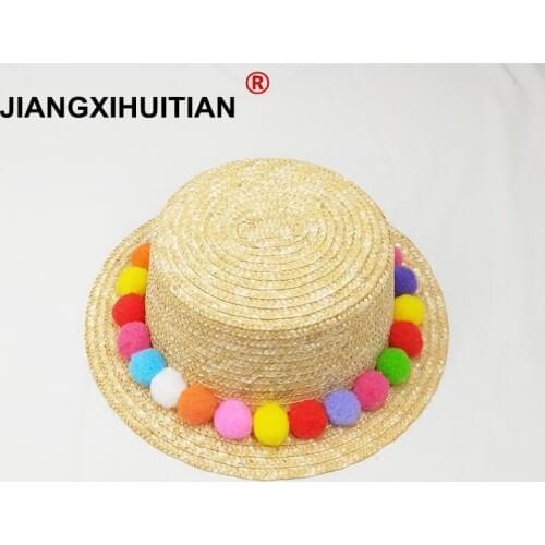 Parent-child sun hat Cute children sun hats Colorful balls hand made women straw cap beach big brim hat casual girls summer cap