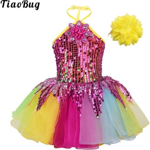 TiaoBug Kid Girls Dancewear Outfit Halter Neck Sequins Tutu Dress With Wristband Set For Ballet Dance Stage Performance