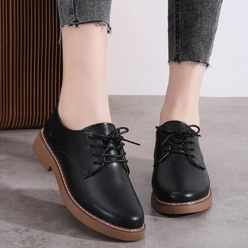 Womens shoes round toe leather single shoes womens low-heel soft sole casual shoes womens daily all-match Korean version