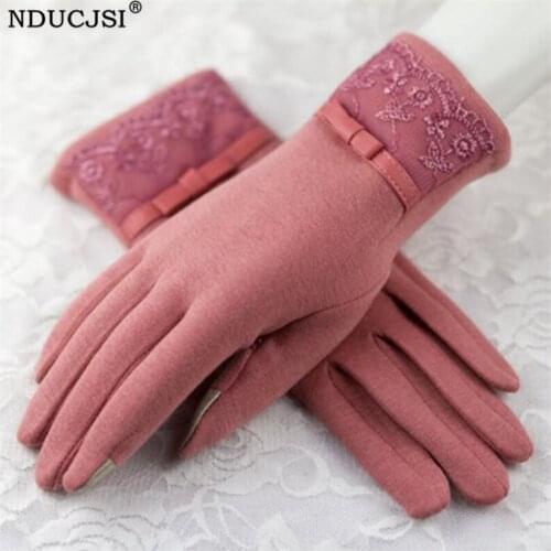 NDUCJSI Women Mittens Winter Thicken Gloves Knitted Cashmere Gloves Elegant Keep Warm Lace Wool Guantes Mujer Bow Accessories