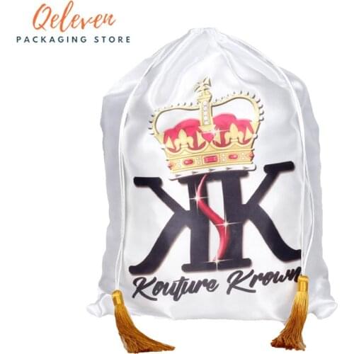 Custom Logo Shop Name Women Virgin Hair Extensions Packaging Satin Silk Bags With Luxury Tassels, Gift Packing Drawstring Bags