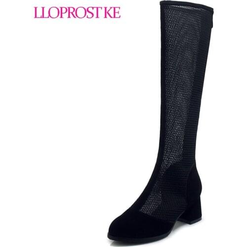 Lloprost ke New round toe summer shoes hollow out lace zipper knee high boots women solid color party square high heels shoes