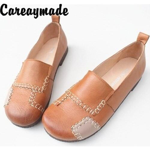 Careaymade-Real leather flat soft sole shoes pure original hand-made single head leather shallow mouth retro womens shoes