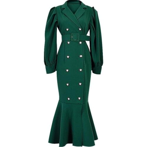 Women double breasted mermaid dress women slim puff sleeve package hip ol trumpet dress