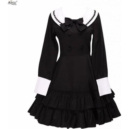 2018 Spring/Summer Lolita Dress Womens School Style Cotton Black Ruffles Long Sleeves School Uniform Lolita Cosplay Dress