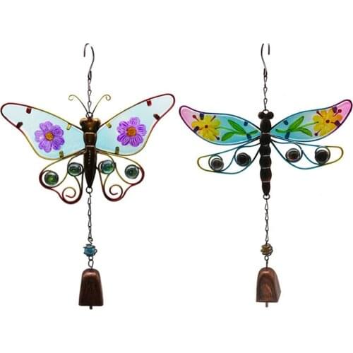 1PC Butterfly And Dragonfly Metal Wind Chimes Glass Painted Spray Paint Ornaments Creative Iron Decoration Pendant Crafts
