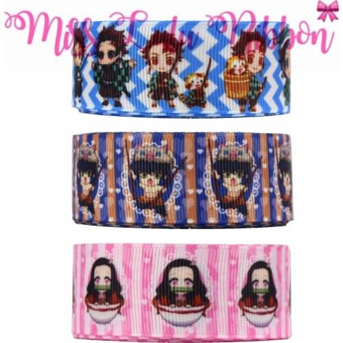 16mm-75mm Japan Cartoon Series Printed Grosgrain/Foe Ribbon Geometric Wave Stripes DIY Hair Bowknots 50yards/roll