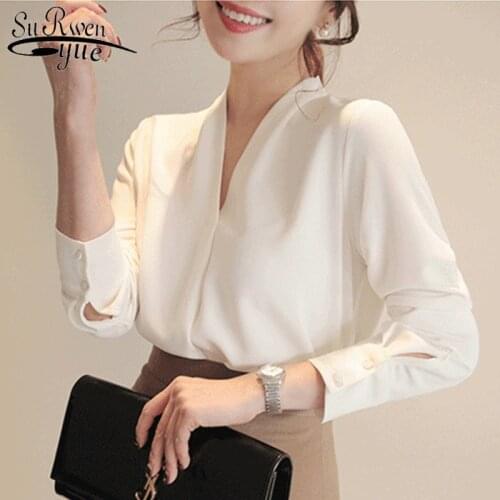 2021 Spring V-neck Womens Tops Long Sleeve Chiffon Blouse Summer New White Female Korean Tops Wild Loose Office Lady Clothing