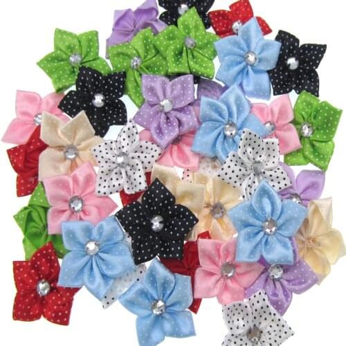 30Pcs Handmade satin ribbon flowers with rhinestone fabric for wedding sewing DIY craft supplies 3.5cm
