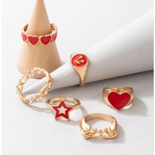 Docona 6pcs/sets Romance Heart Couples Rings Set for Women Hollow Geometry Star Letter Ring Female Wedding Jewelry кольца 20115