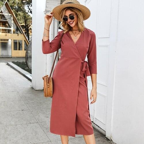 Elegant Slim V-neck Tea Break Midi Dress Women Autumn Pencil Dress Red Color Sexy Working Dress For Office Lady