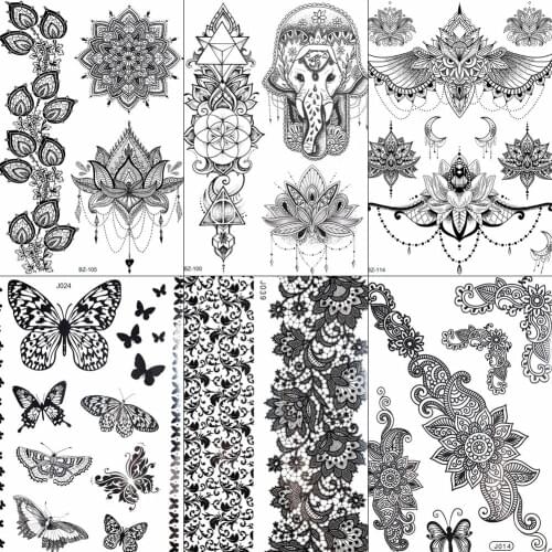 FANRUI Ganesha Elephant Black Henna Temporary Tattoo Sticker Lace Chains Mehndi Fake Tatoo Butterfly Body Art Arm Tattoo DIY
