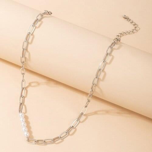 HuangTang Punk Pearl Link Chains Necklace for Women Men Statement Silver Color Cuban Clavicle Chain Jewelry Party Gift 18075