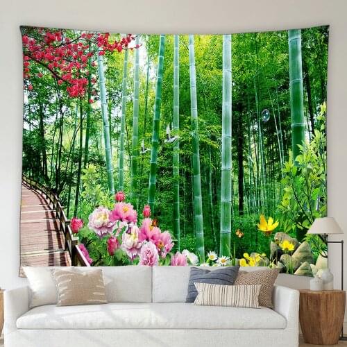 Landscape Tapestry Green Forest Bamboo Flowers Plants Beautiful Natural Scenery Living Room Wall Hanging Blanket Bedroom Decor